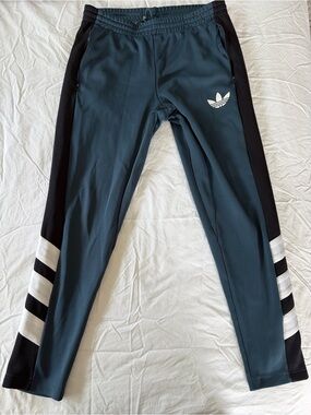 Adidas Teal Joggers with Black Side Panels and White Stripes